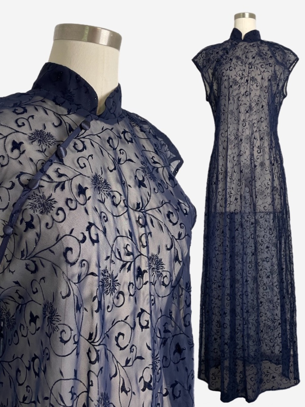 Vintage 90s Jessica Howard Blue sheer mesh glitter floral cheongsam maxi dress L